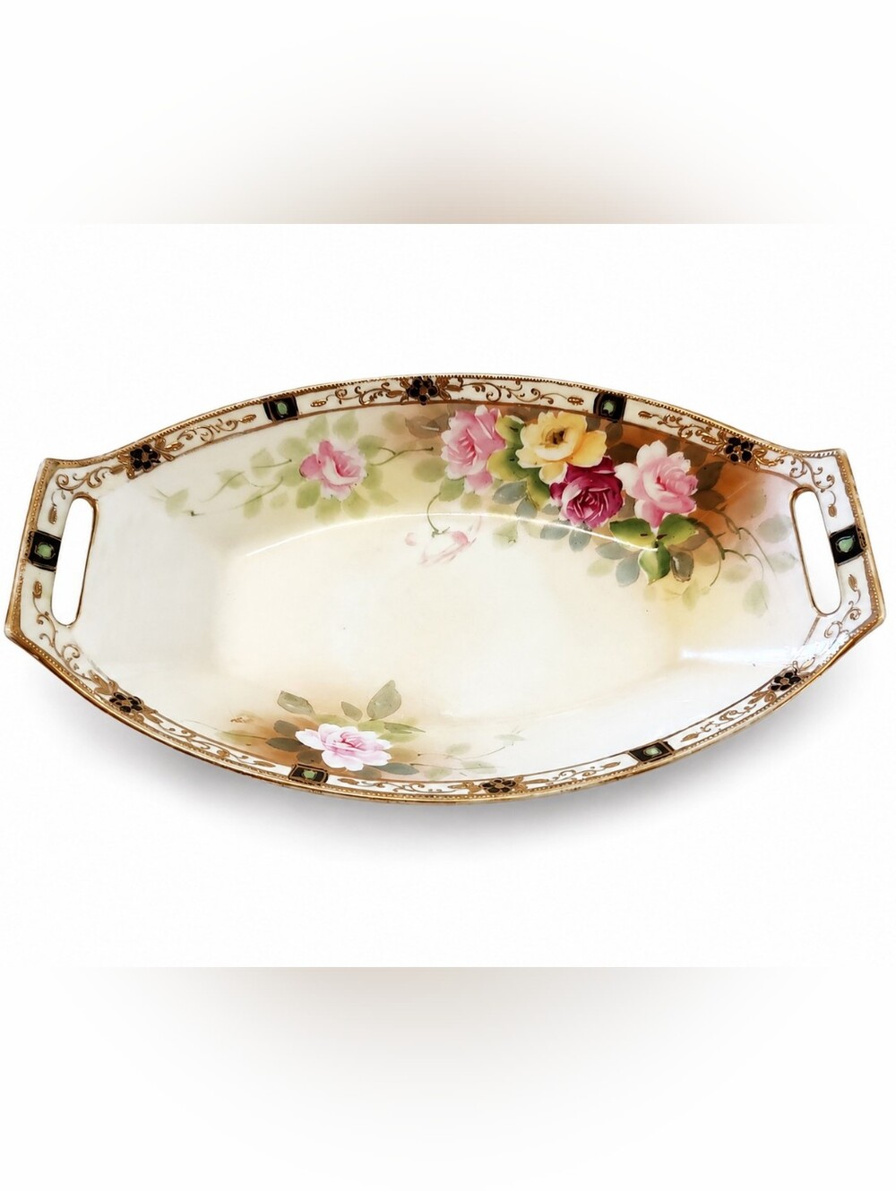 Antique Nippon Hand-Painted Rose Floral Porcelain Gold-Gilt Serving Bowl